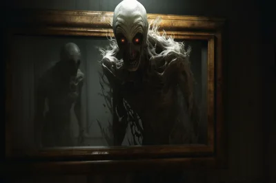 Eerie Ghostly Figure Emerging From A Dark Mirror