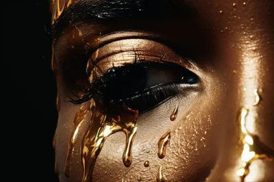 Close Up Of Human Eye Covered In Liquid Gold
