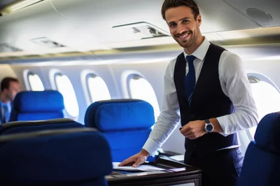 Professional Flight Attendant Serving Passengers In Airplane Cabin
