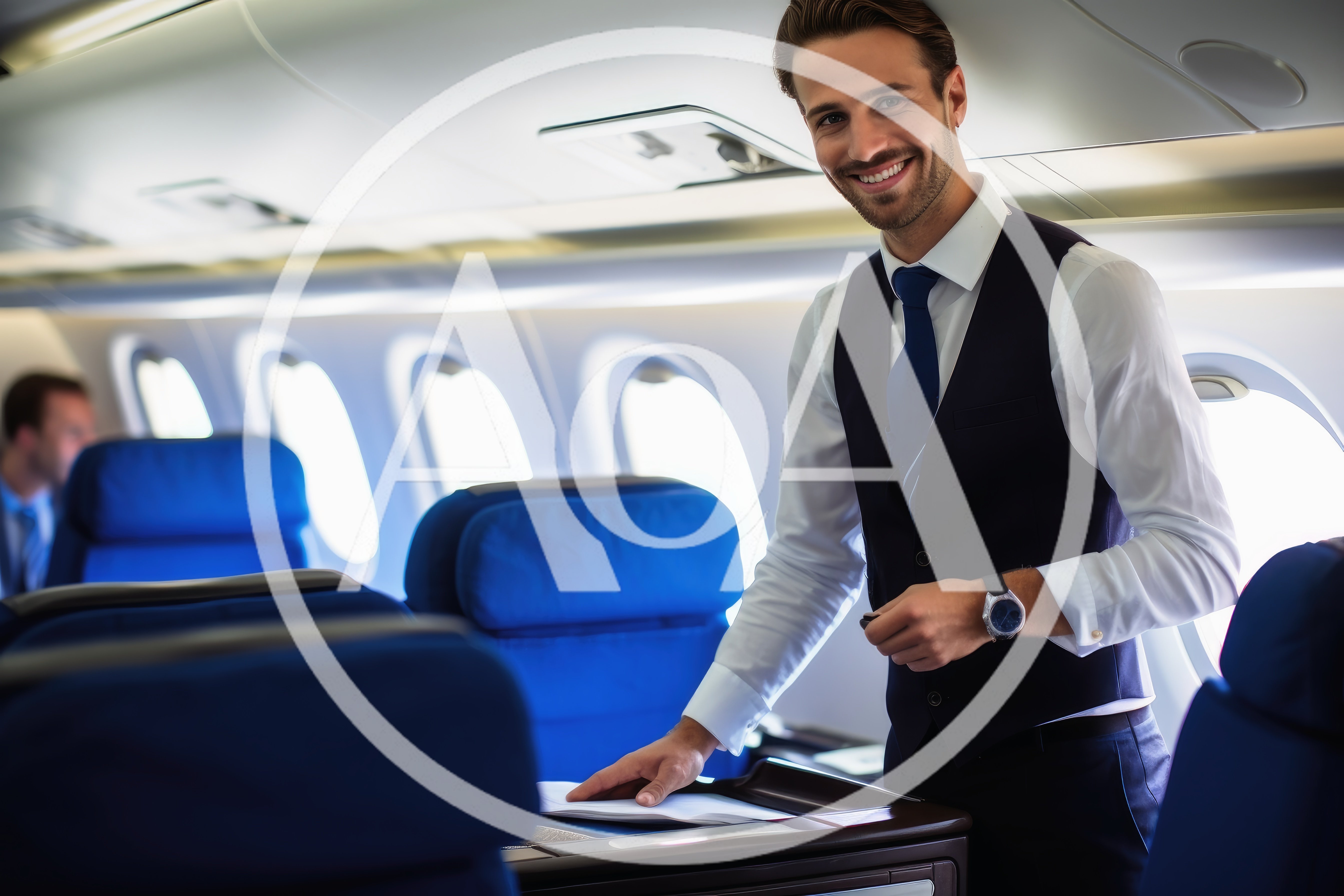 Professional Flight Attendant Serving Passengers In Airplane Cabin