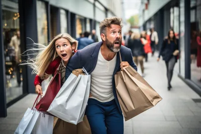 Shocked Couple Running Through A Shopping Mall