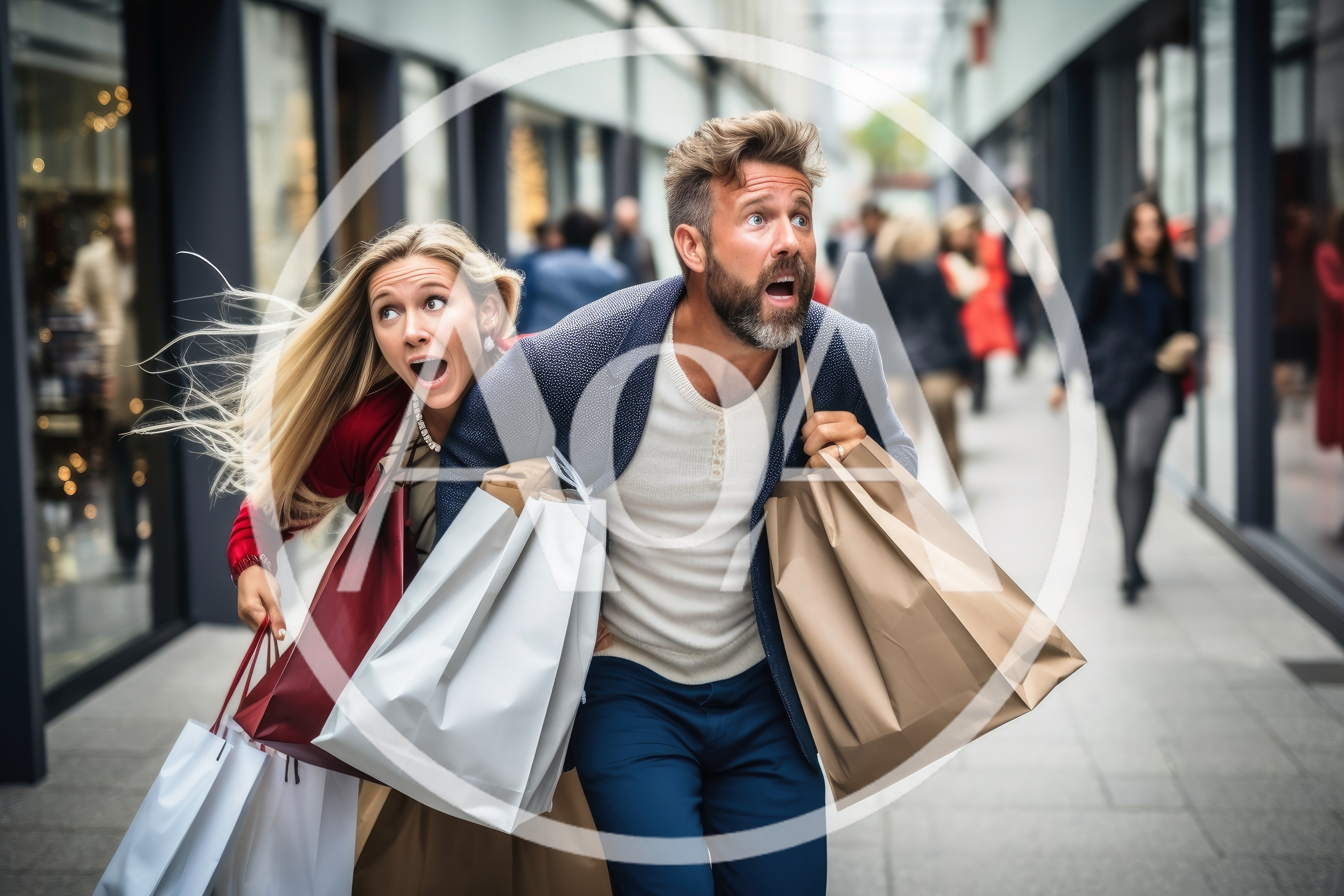 Shocked Couple Running Through A Shopping Mall