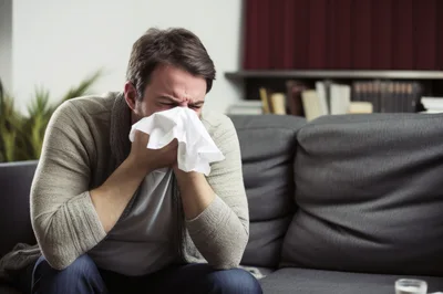 Sick Man Blowing Nose Into Tissue On Sofa
