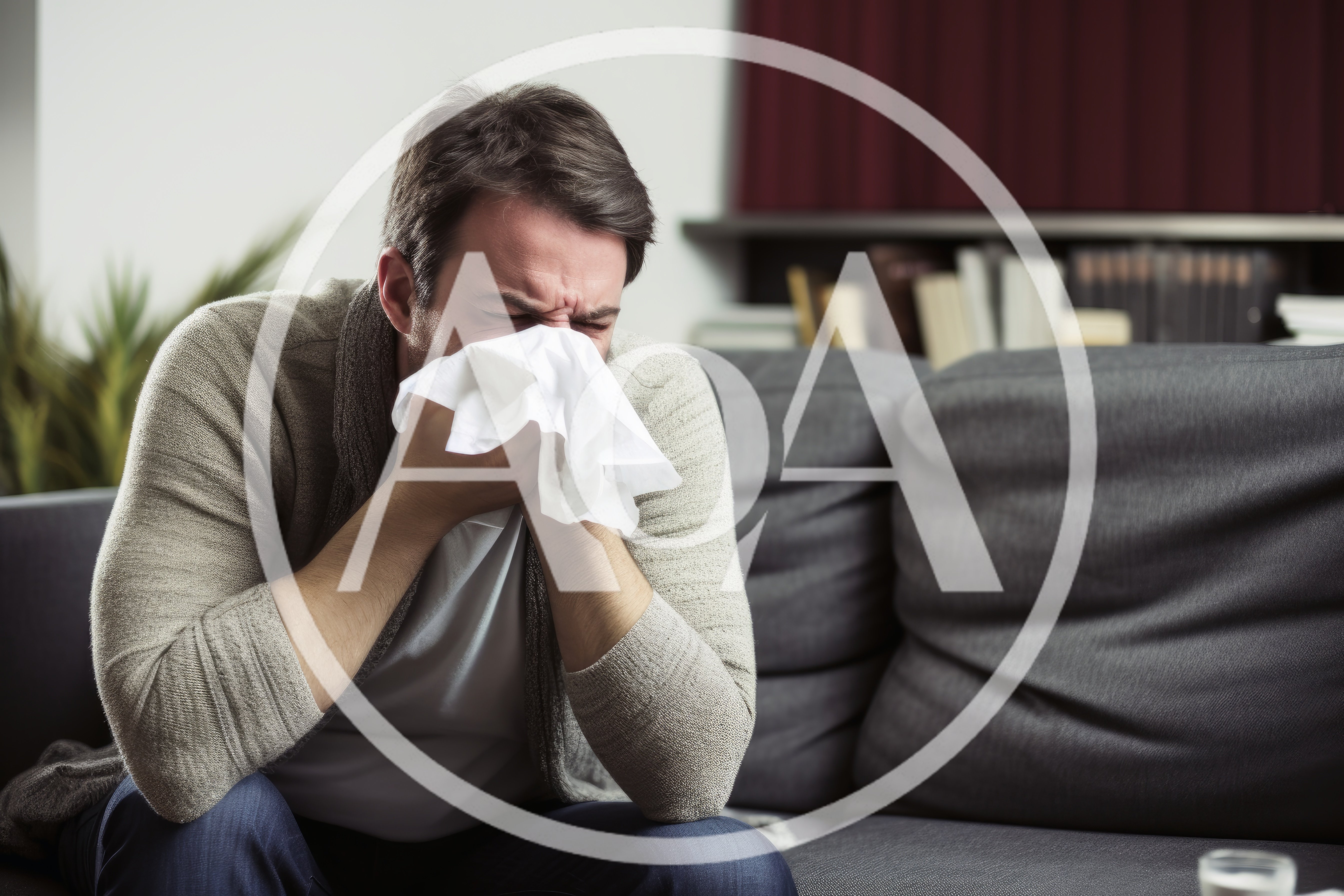 Sick Man Blowing Nose Into Tissue On Sofa