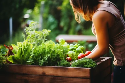 Woman Harvesting Fresh Vegetables In A Wooden Garden Bed