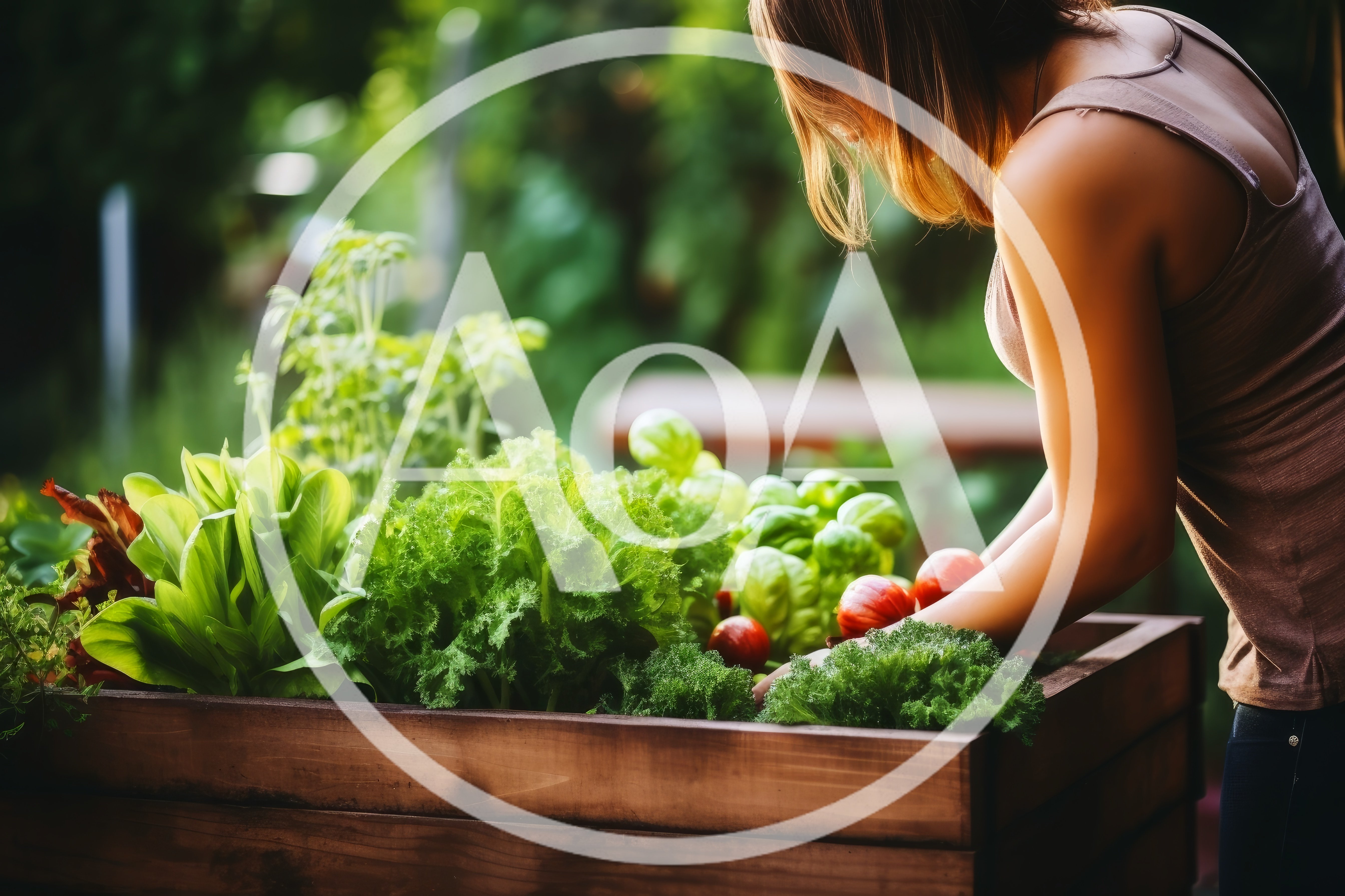 Woman Harvesting Fresh Vegetables In A Wooden Garden Bed