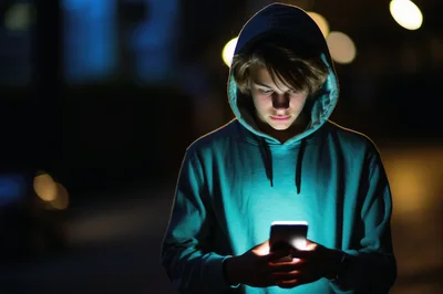 Young Man Using Smartphone In Dark City Street