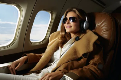 Stylish Woman Relaxing In Private Jet Cabin