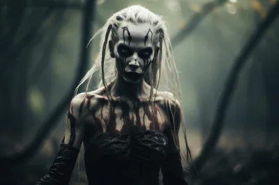Eerie Pale Woman With Blood Stains In Dark Forest