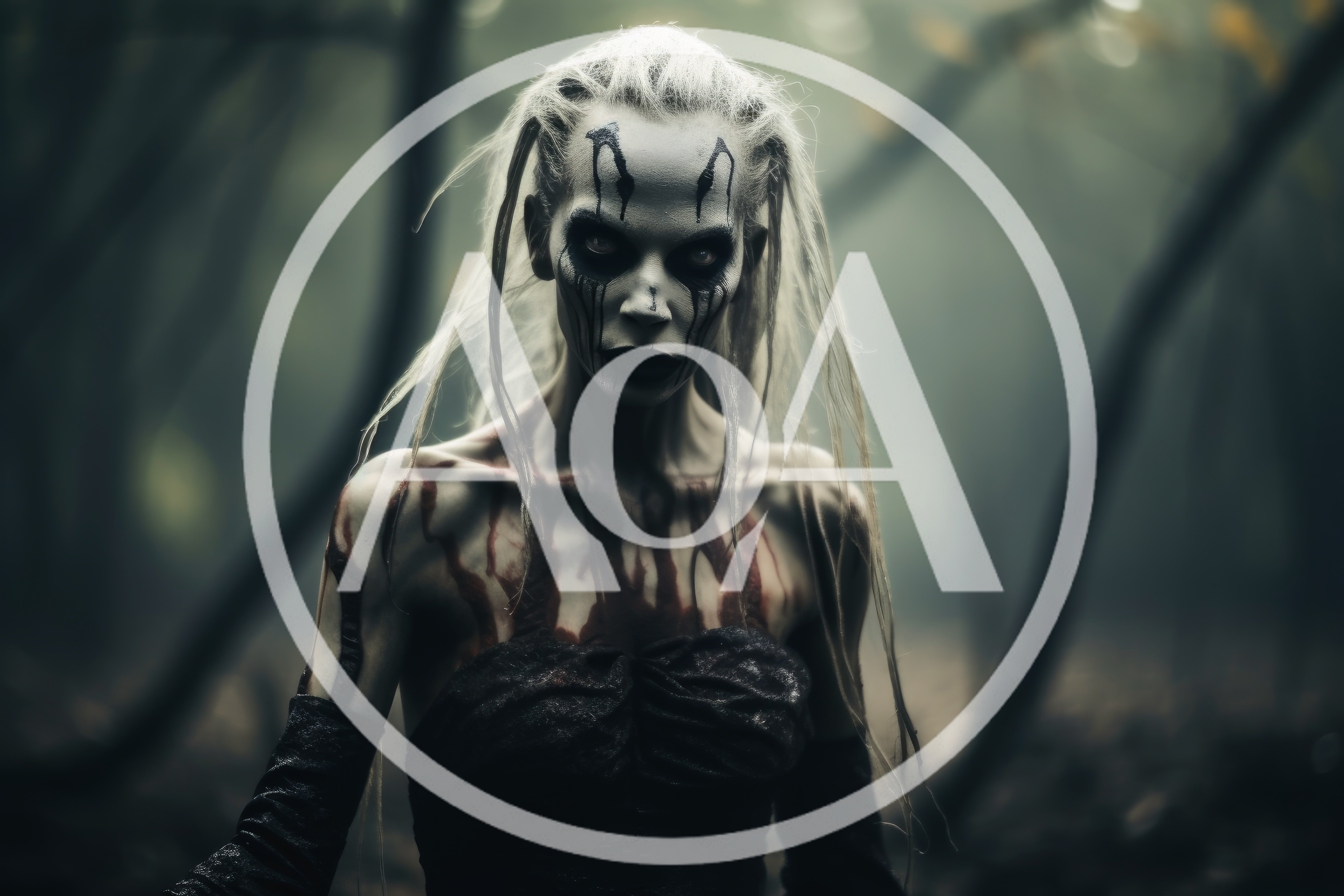 Eerie Pale Woman With Blood Stains In Dark Forest