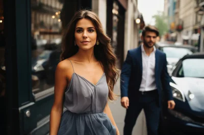 Elegant Woman Walking Past A Man On City Street