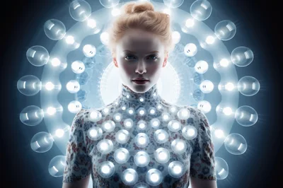 Portrait Of A Woman Surrounded By Glowing Light Bulbs