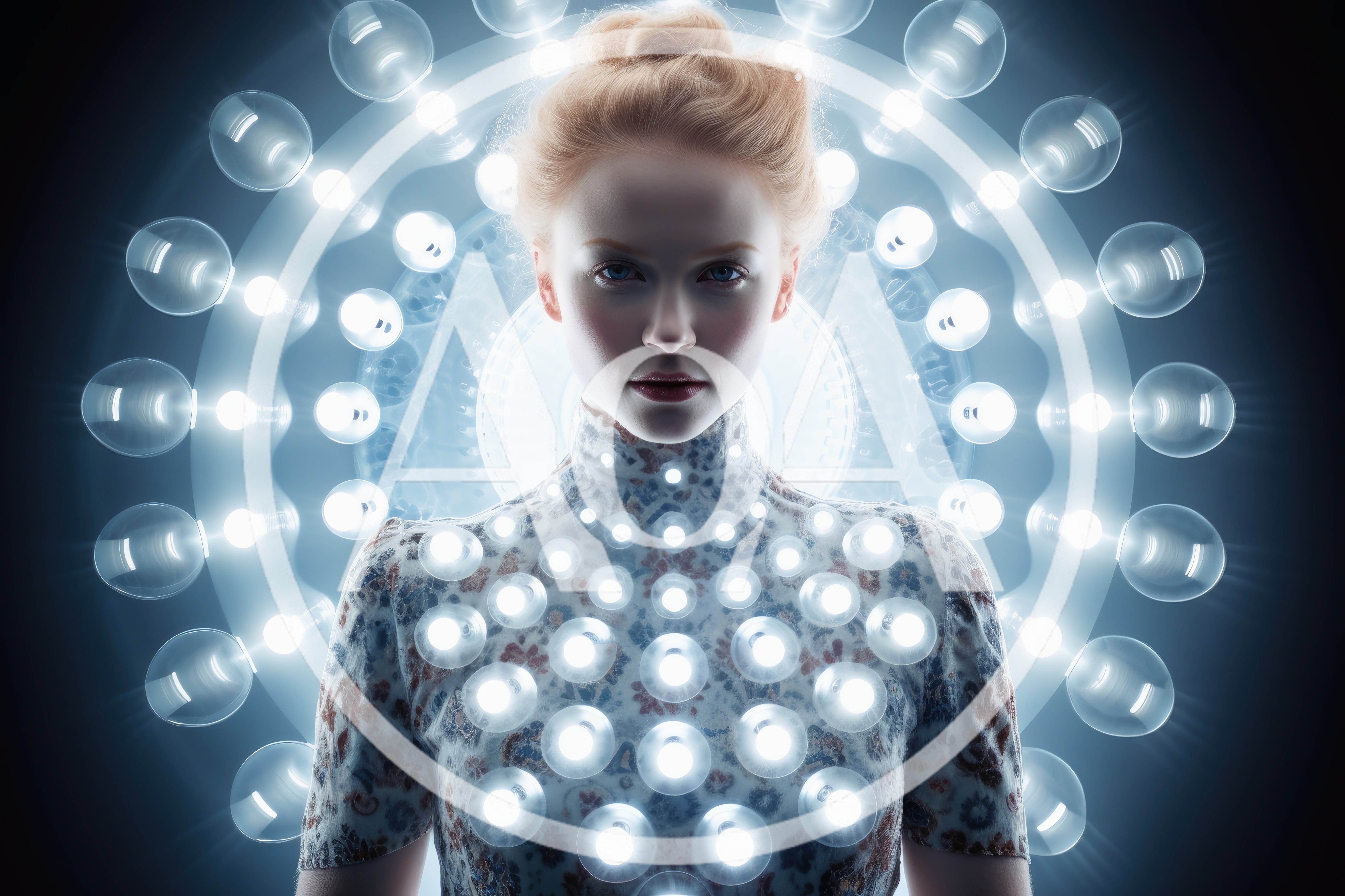 Portrait Of A Woman Surrounded By Glowing Light Bulbs