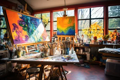 Artist Studio With Vibrant Abstract Paintings And Art Supplies