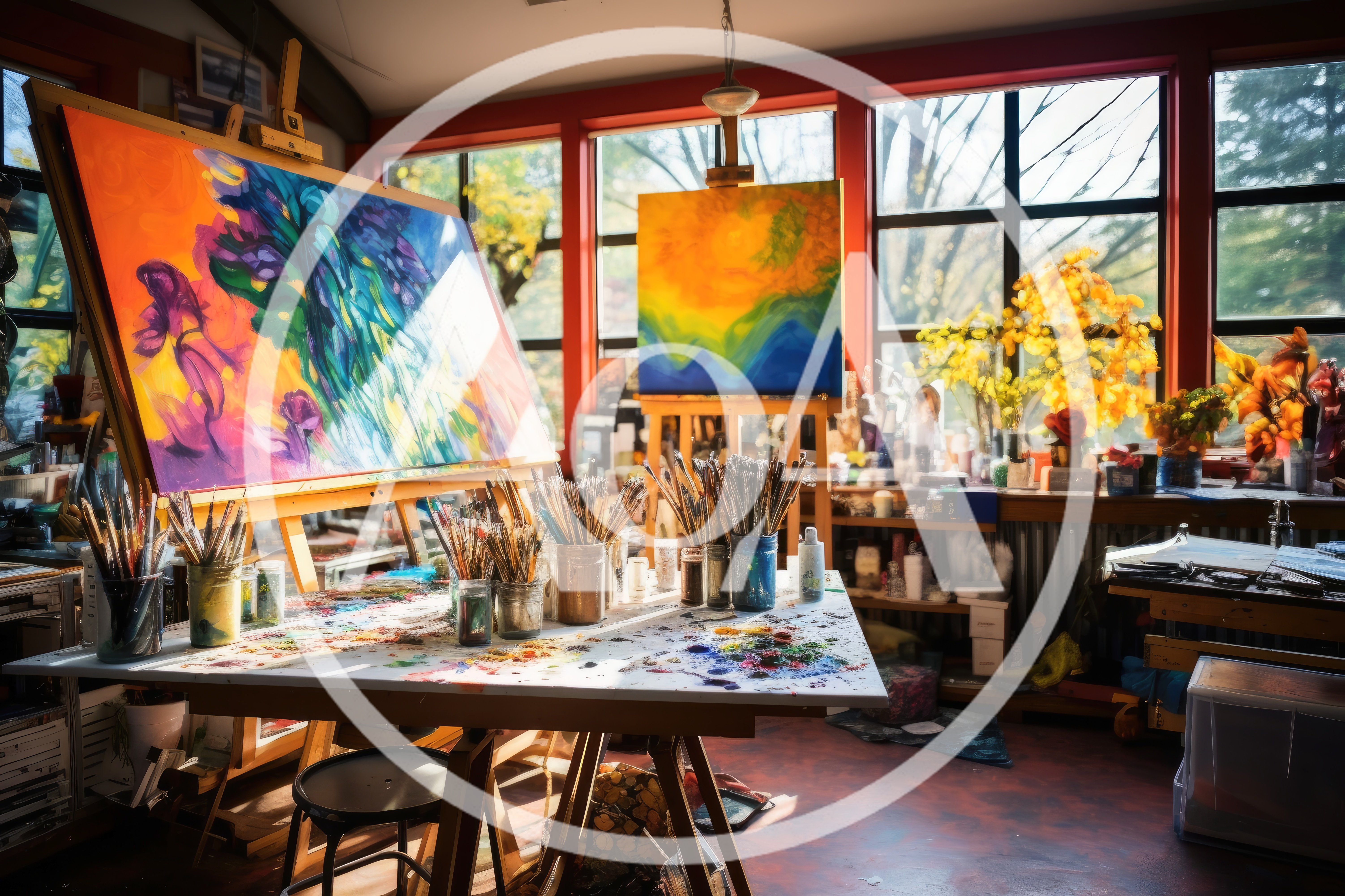 Artist Studio With Vibrant Abstract Paintings And Art Supplies