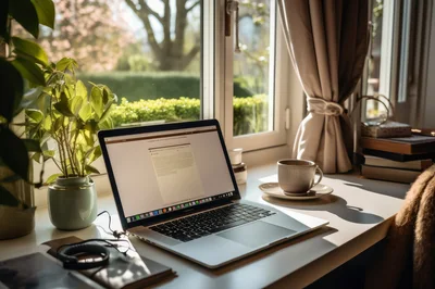 Laptop On A Sunny Desk By The Window