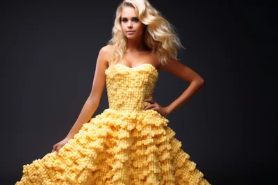 Fashion Model Wearing A Unique Puffed Corn Dress
