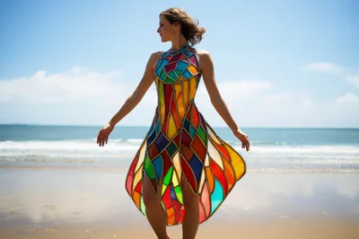 Woman Wearing Stained Glass Dress On Beach