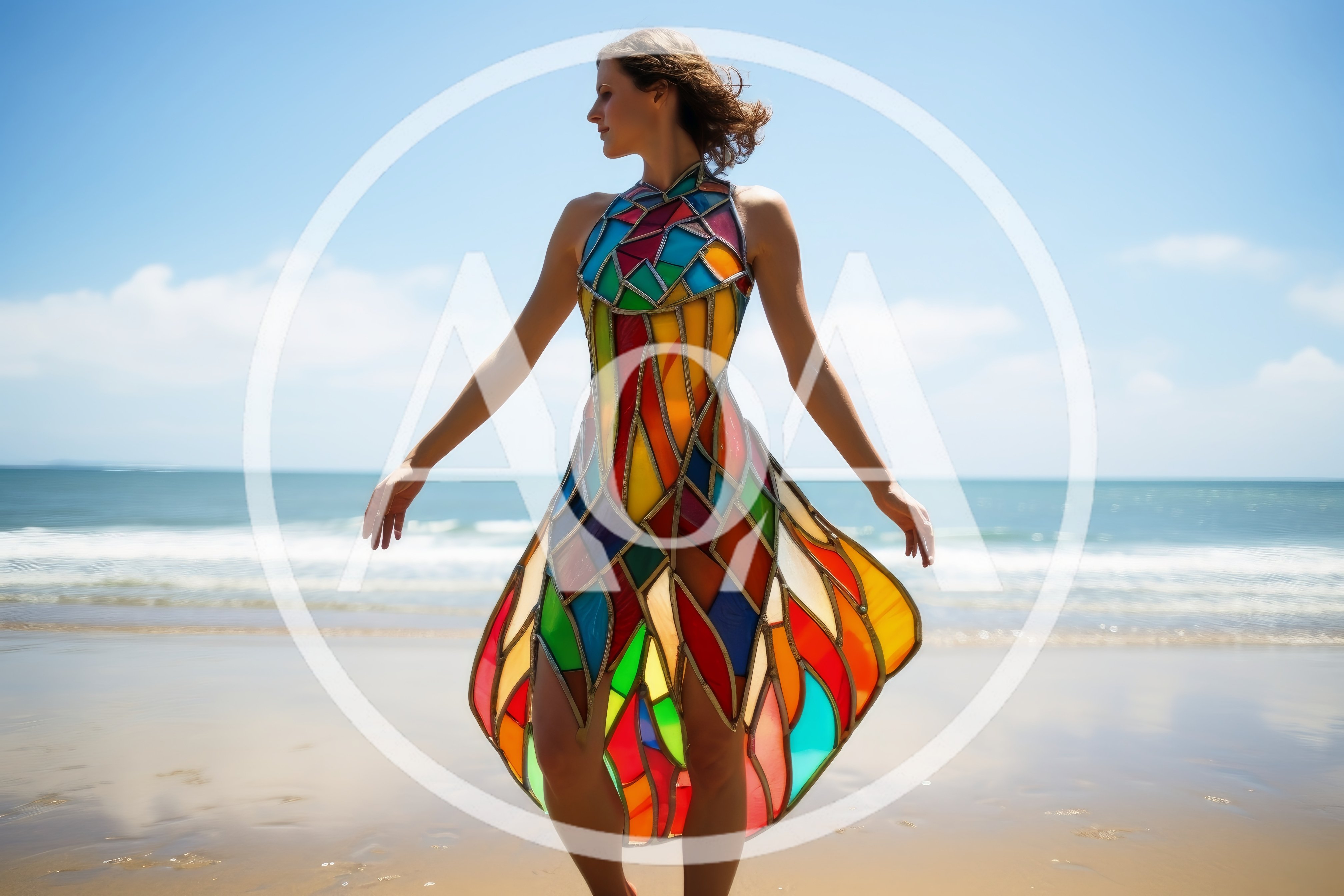 Woman Wearing Stained Glass Dress On Beach