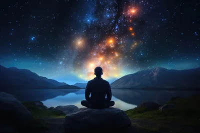 Person Meditating Under A Vibrant Starry Night Sky