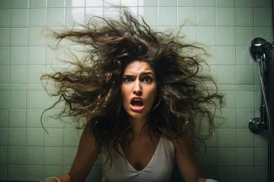 Shocked Woman With Wild Hair In Tiled Bathroom