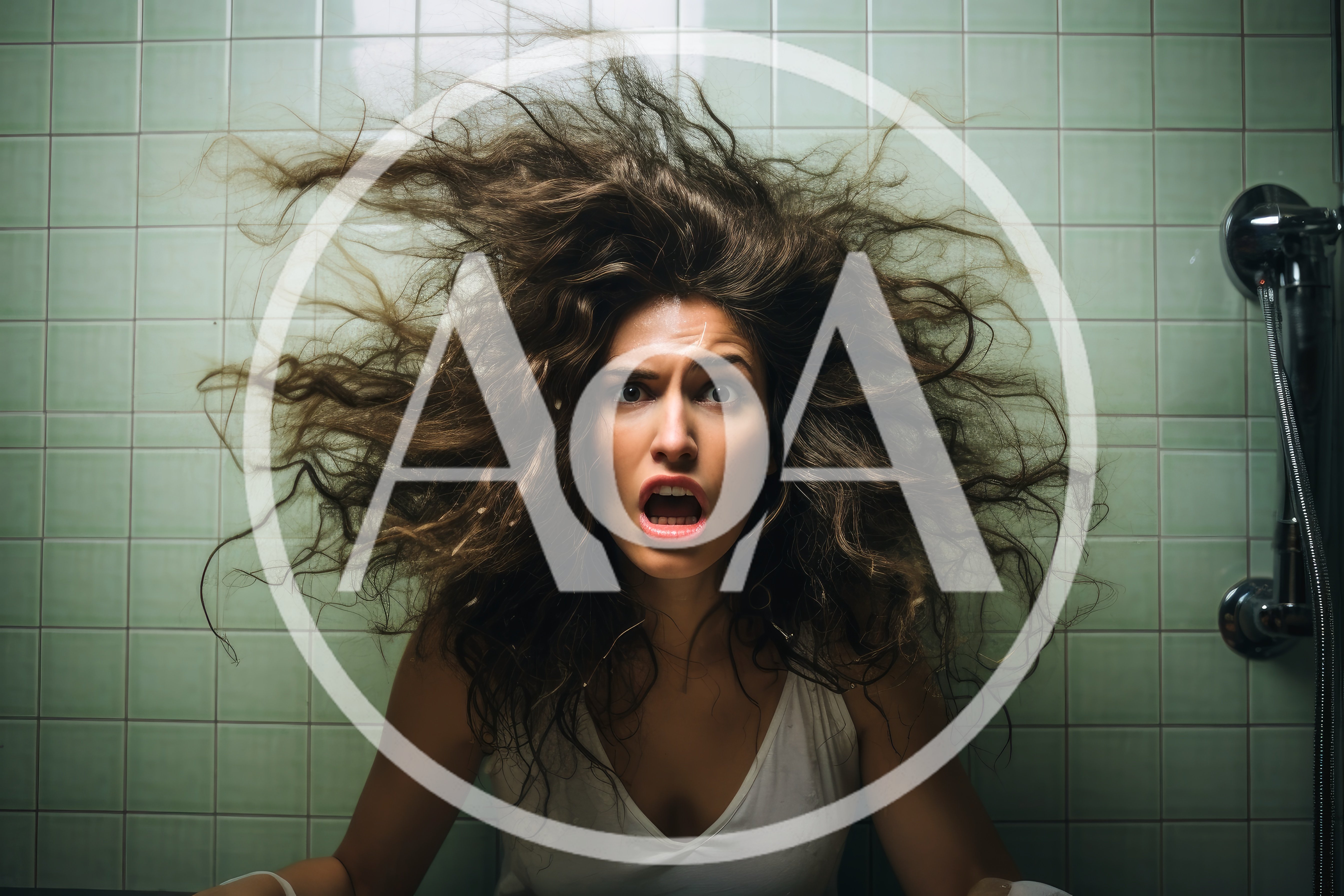 Shocked Woman With Wild Hair In Tiled Bathroom