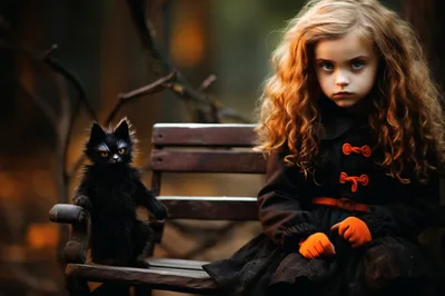Young Girl With Curly Hair And Black Cat On Bench