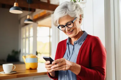 Senior Woman Using Smartphone in Kitchen