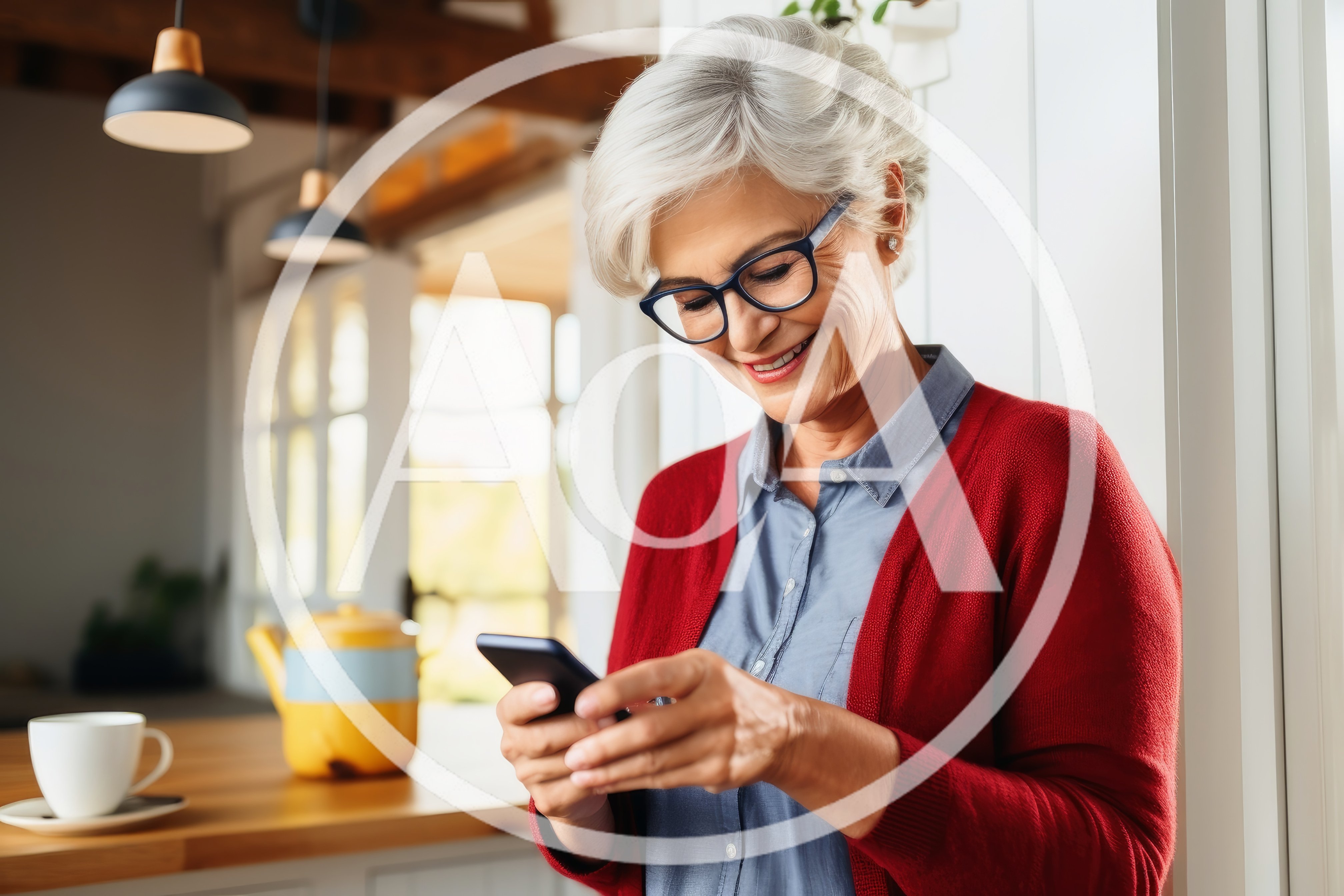 Senior Woman Using Smartphone in Kitchen