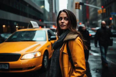Young Woman Walking Through Busy New York City Street