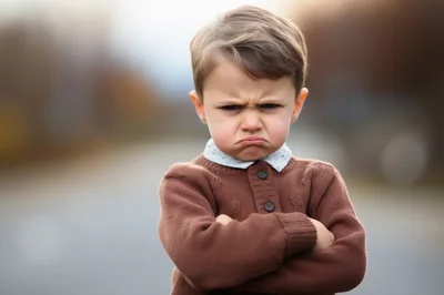 Portrait Of A Grumpy Little Boy With Crossed Arms