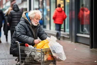 Elderly Homeless Man Pushing Shopping Cart On City Street