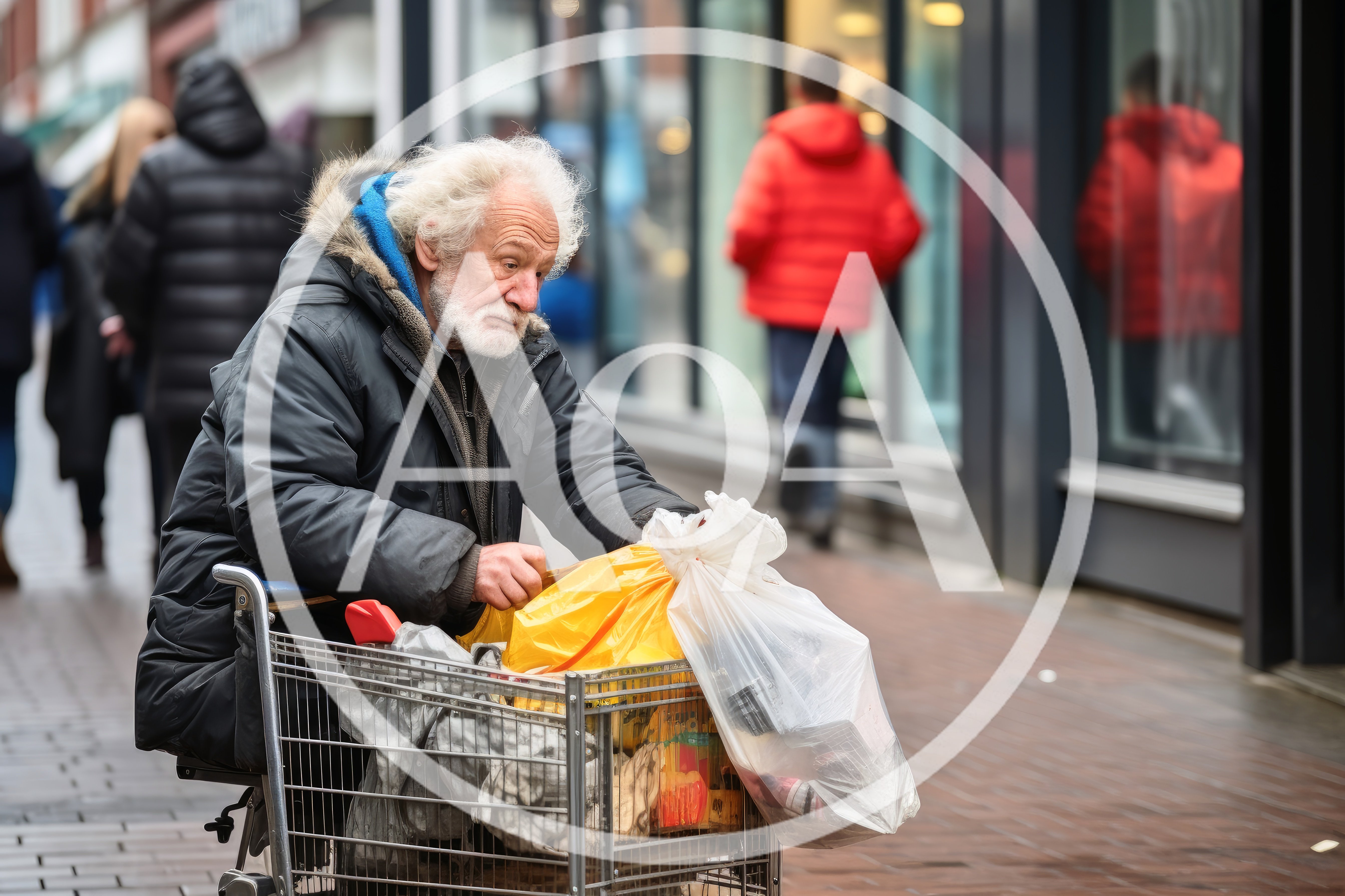 Elderly Homeless Man Pushing Shopping Cart On City Street