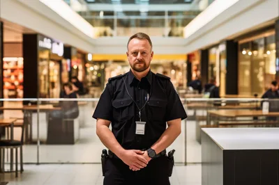Security Guard Standing In A Modern Shopping Mall