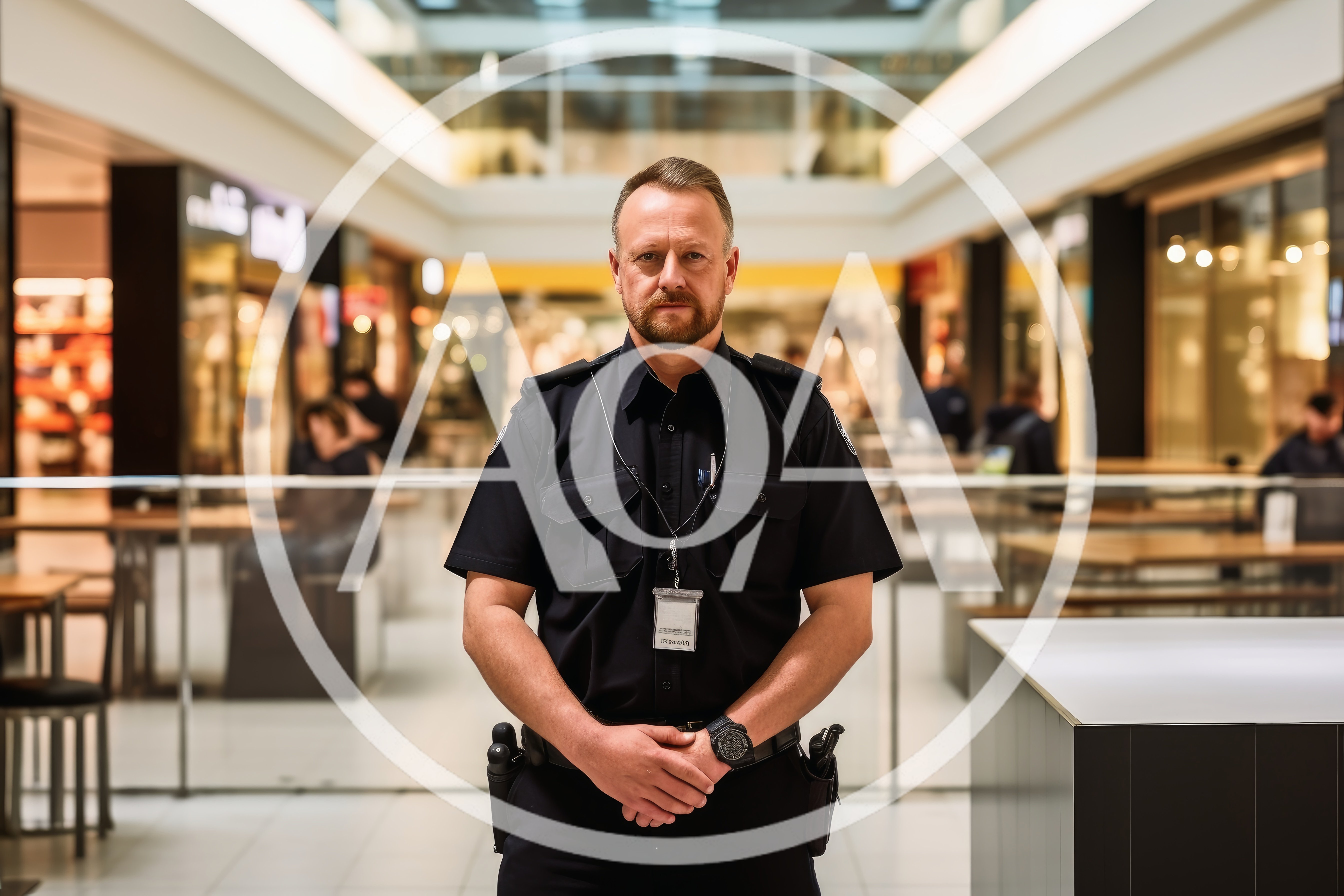 Security Guard Standing In A Modern Shopping Mall