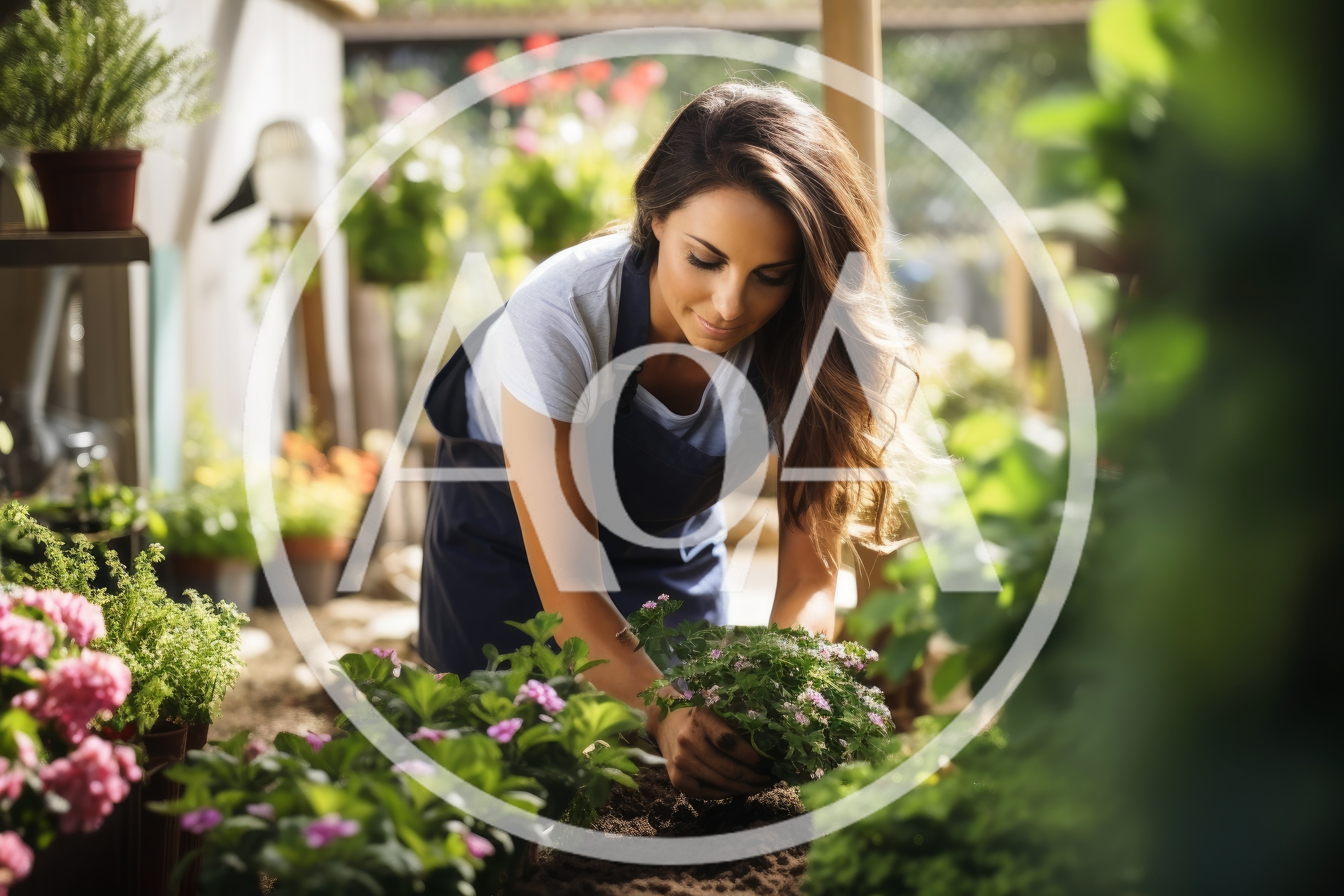Woman Planting Flowers In A Sunny Greenhouse