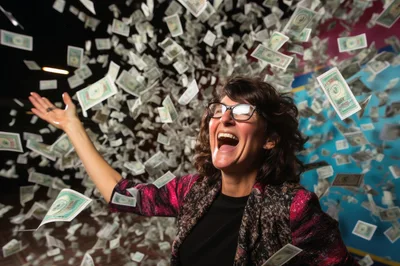 Excited Woman Celebrating Success Under Falling Money