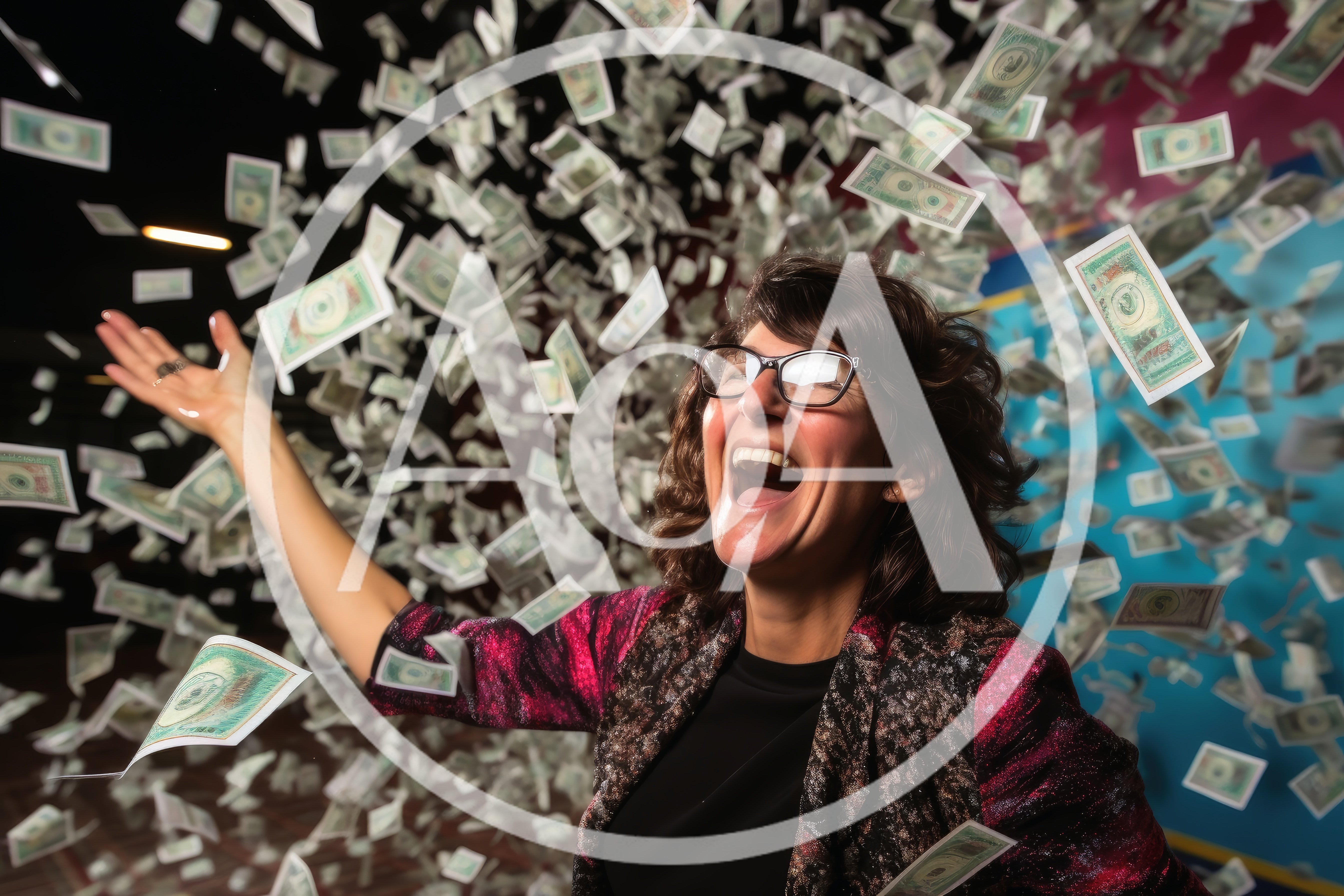 Excited Woman Celebrating Success Under Falling Money