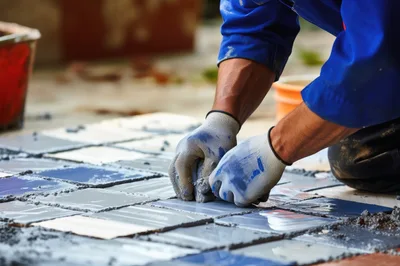 Construction Worker Installing Ceramic Floor Tiles
