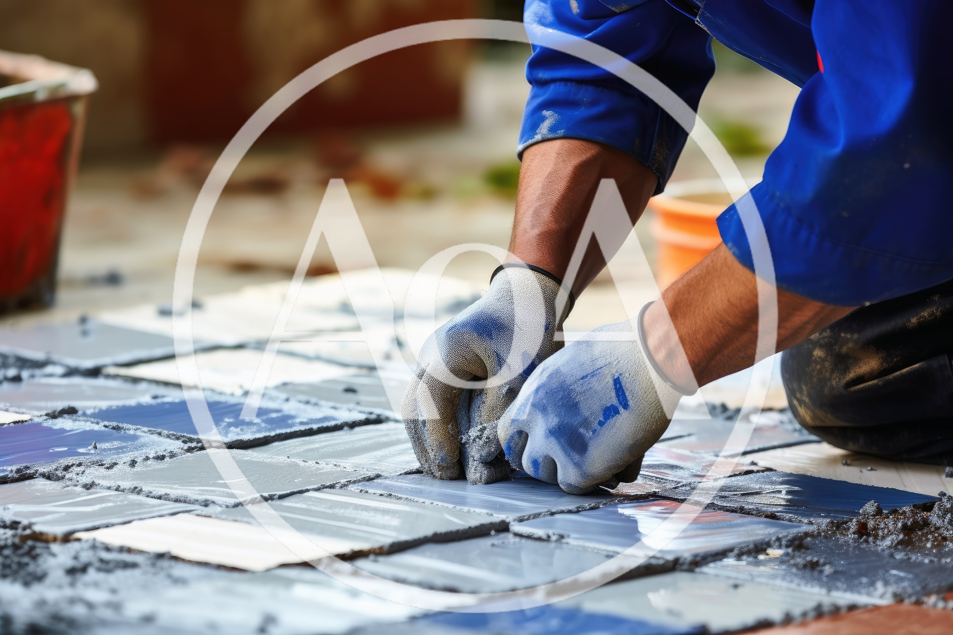Construction Worker Installing Ceramic Floor Tiles