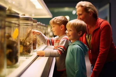 Mother And Two Sons Exploring Museum Exhibits