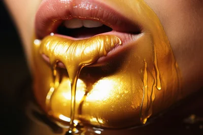 Close Up Of Lips Covered In Liquid Gold