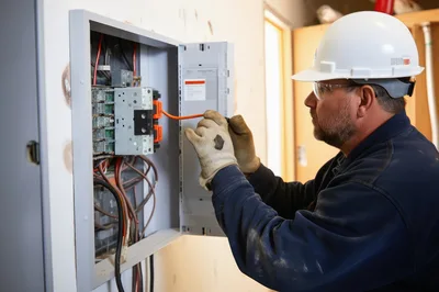 Electrician Installing Circuit Breaker In Residential Panel