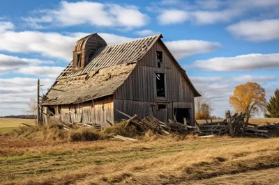 Dilapidated Wooden Barn In A Rural Autumn Field