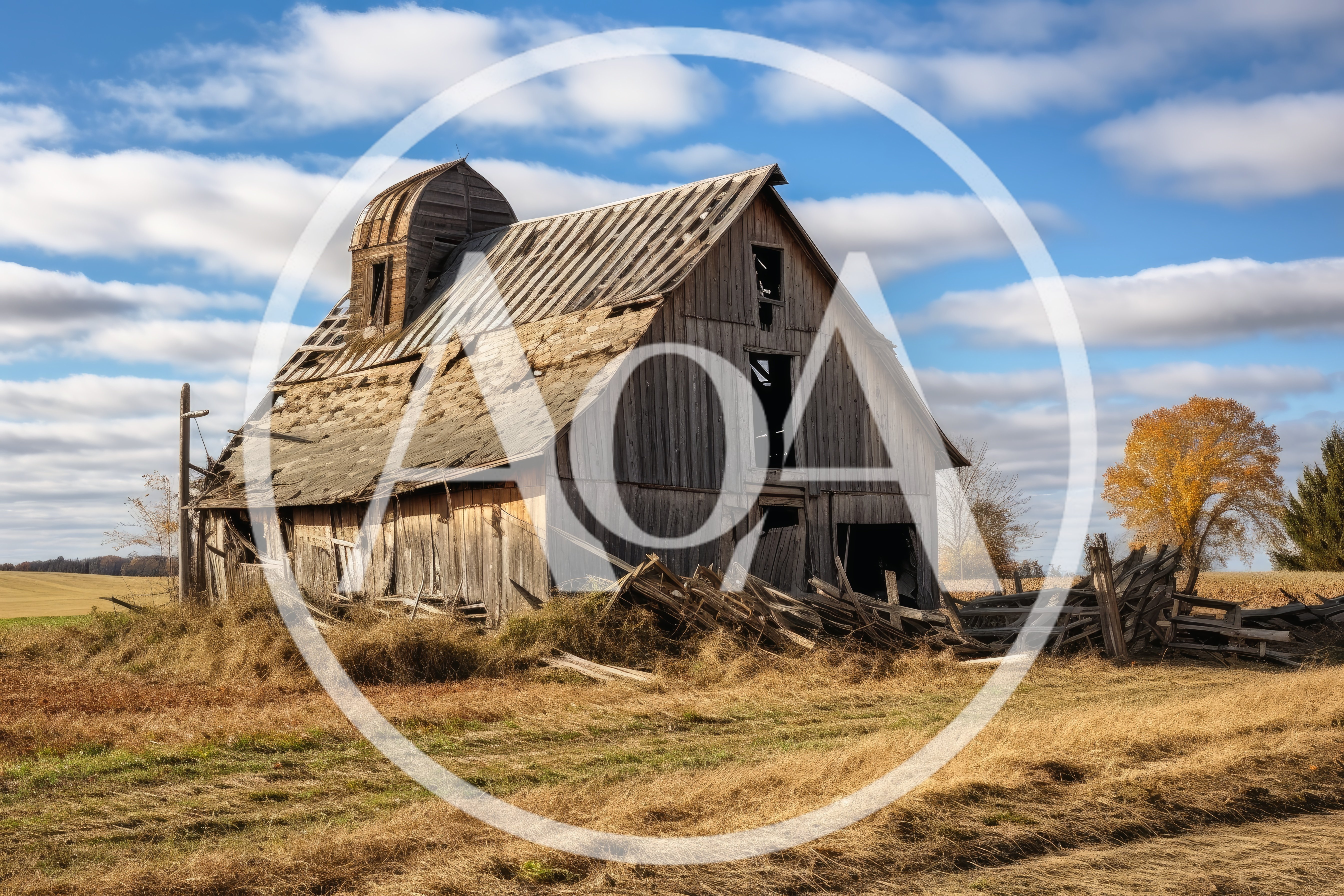 Dilapidated Wooden Barn In A Rural Autumn Field