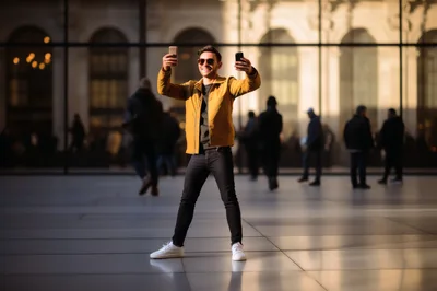 Young Man Taking Selfies With Two Smartphones