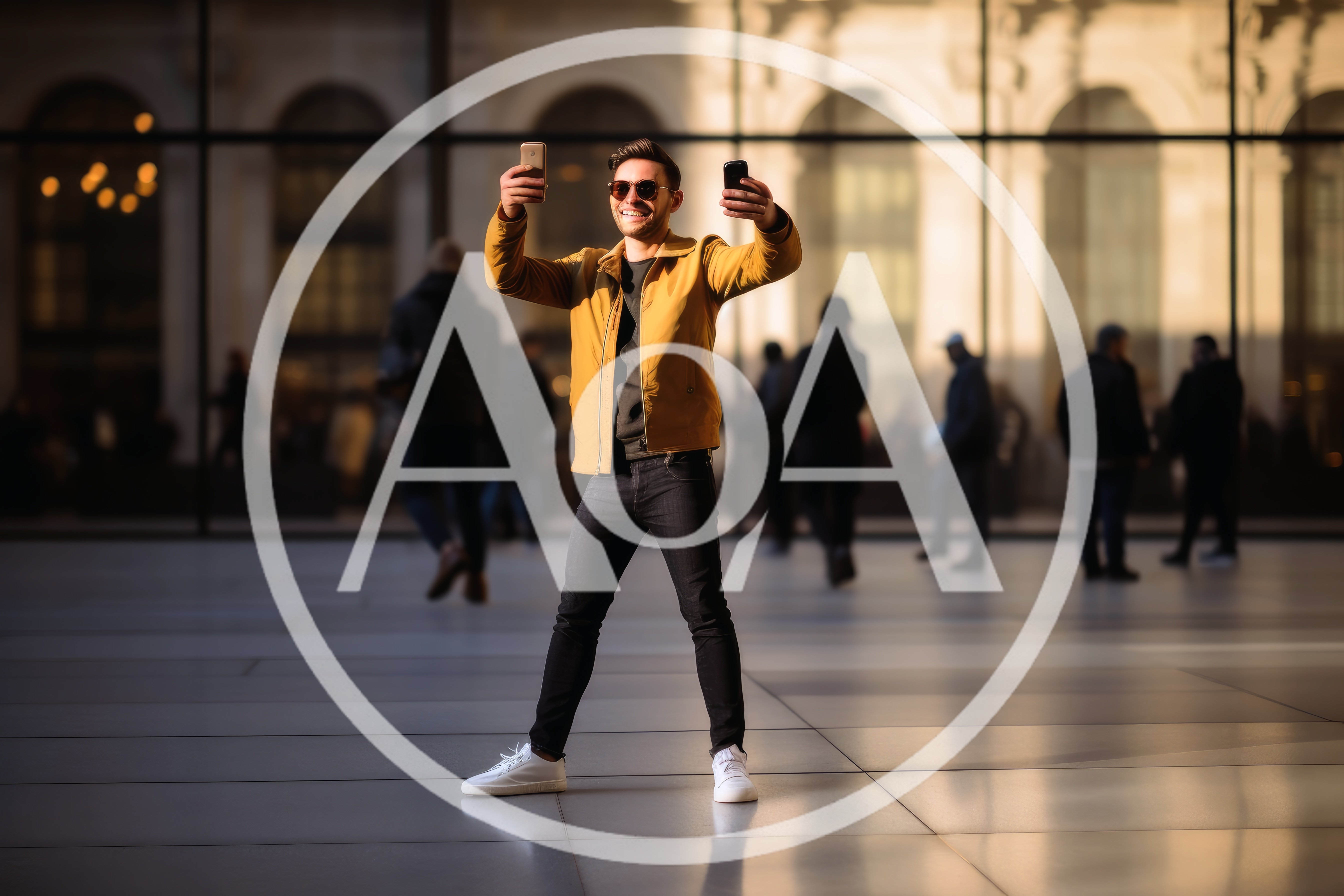Young Man Taking Selfies With Two Smartphones