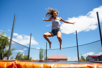 Young Woman Jumping High on a Backyard Trampoline