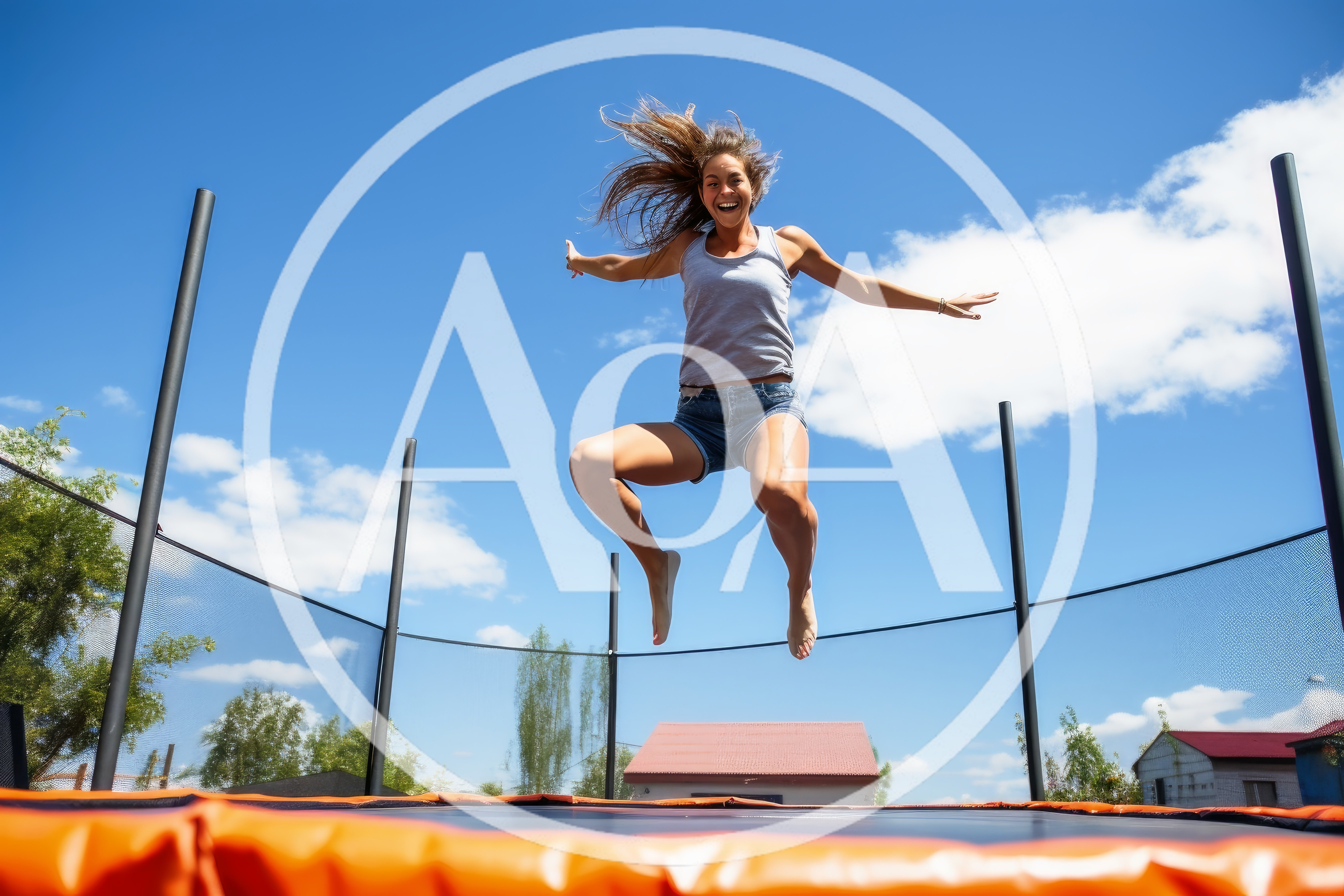 Young Woman Jumping High on a Backyard Trampoline