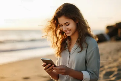 Young Woman Smiling While Using Smartphone On Beach